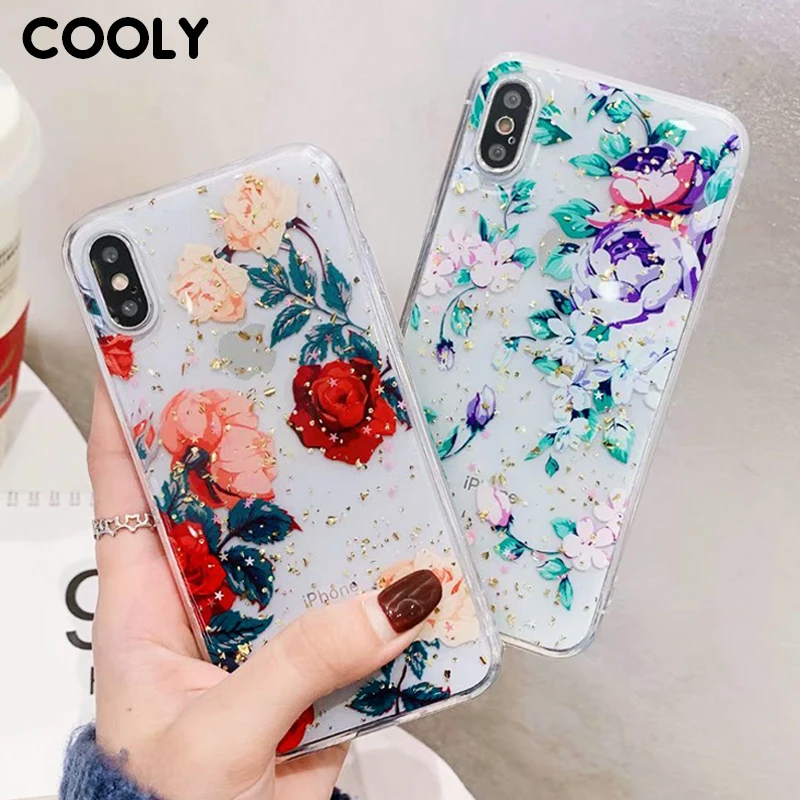 COOLY Блестящий блестящий чехол с цветами для iphone 6 S 7 8 Plus X XS Max XR задняя крышка