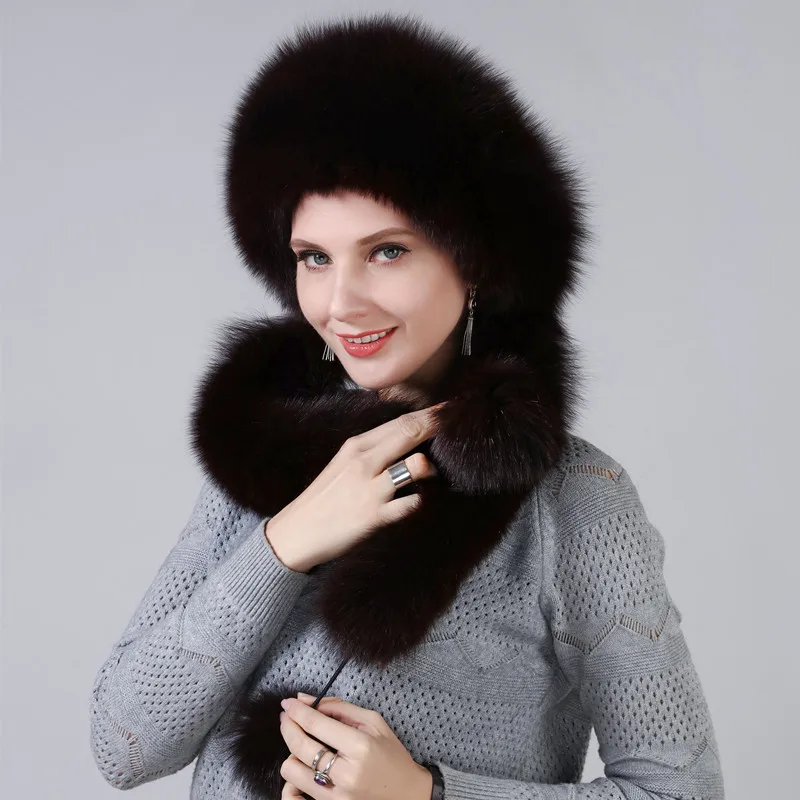 Зимняя женская шапка с натуральным мехом лисы объемная удлиненная можно