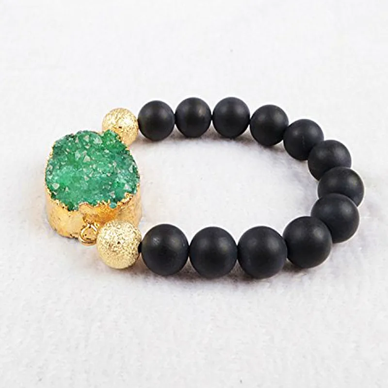 Природа Druzy Камни Pendan &amp 10 мм черный камень бисера Strand Wrap стрейч браслет для