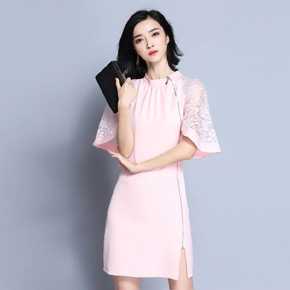 2017 новых прибыть весна лето женщин повседневная dress твердый воротник тонкий плюс