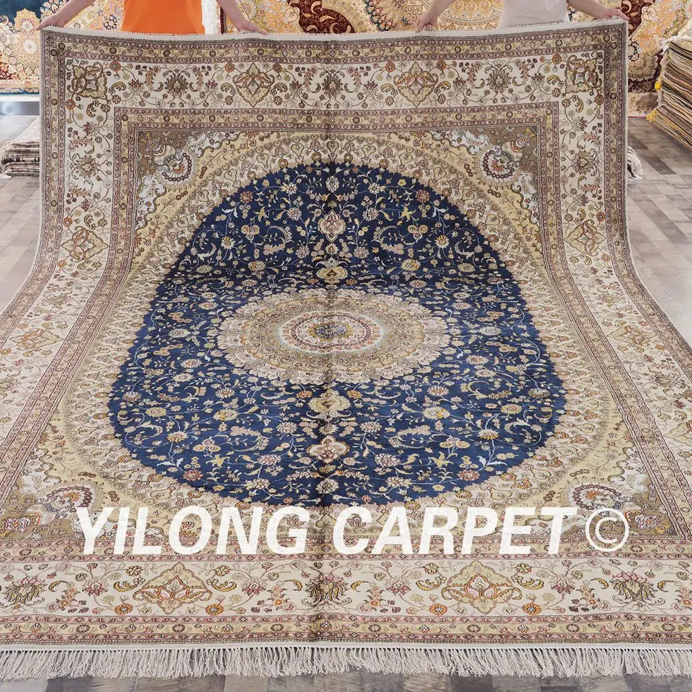 Kopen Yilong 9'x12 'Vantage Perzische Zijden Kleed Antiek Blauw Meddalion Turkse Zijde Tapijt (ZW006M9x12)