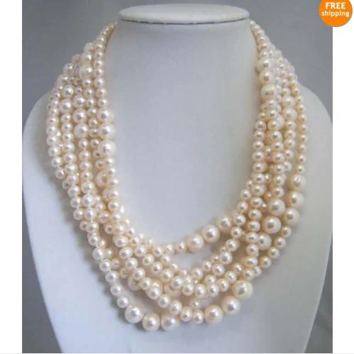 

New Arriver,Handmade Pearl Jewellery,Multi Strand White Round Freshwater Pearl Necklace,Shell Flower Clasp,Perfect Women Jewelry