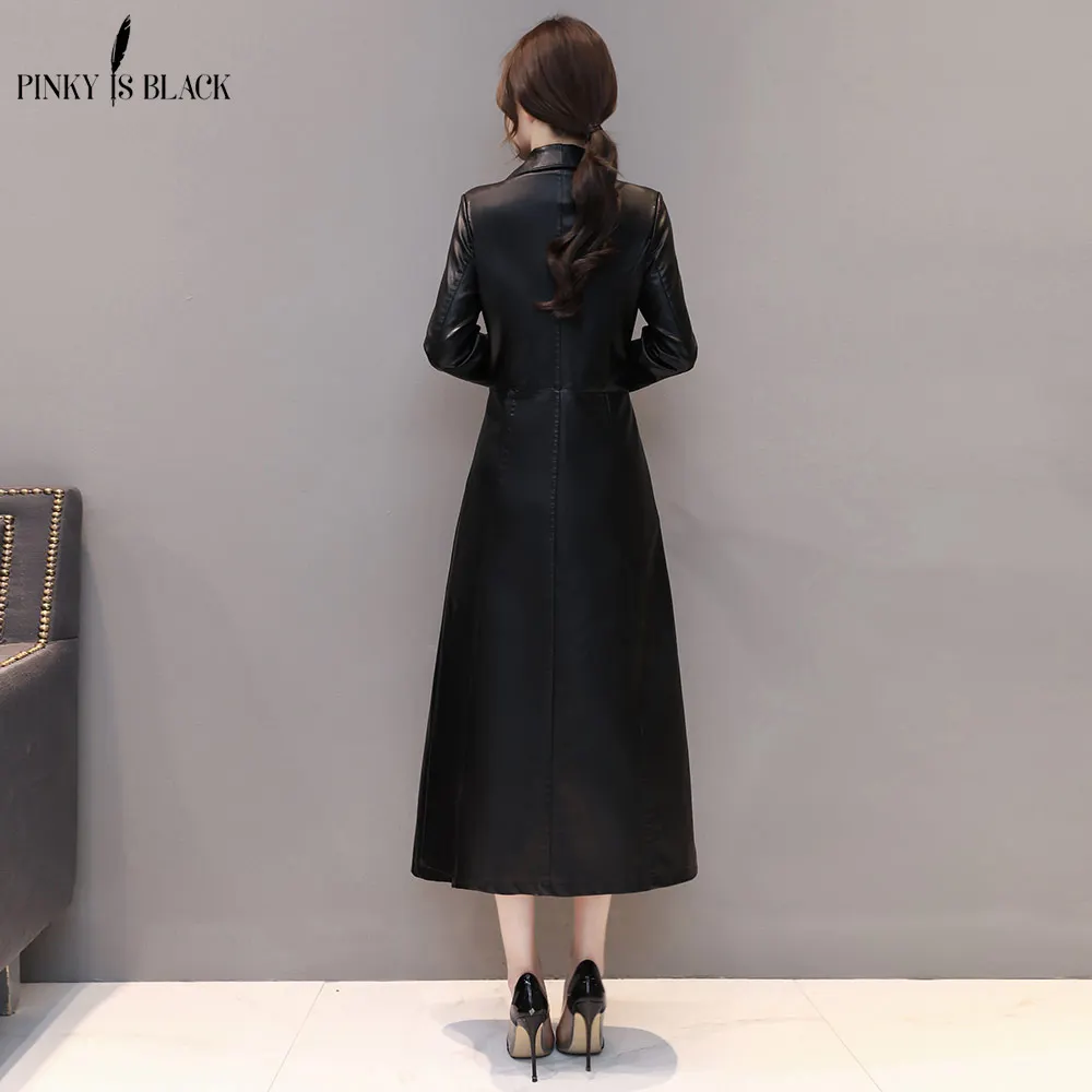 PinkyIsBlack Spring Autumn Women Leather Jacket Fashion PU Leather Coats X-long Single Breasted Turn Down Collar Leather Jacket