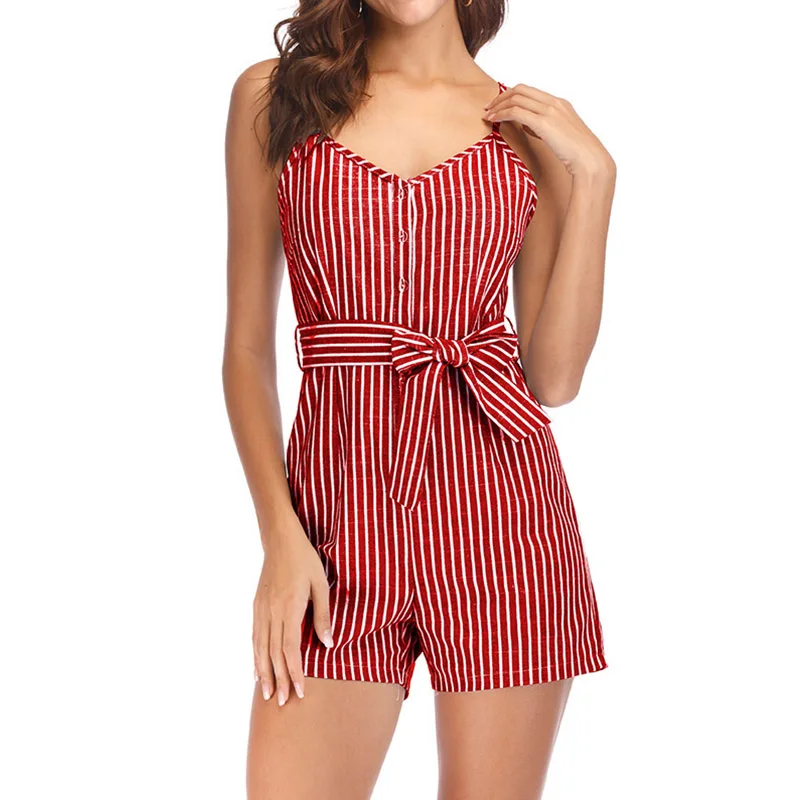 2018 Fashion Women Lace Up Striped Printed Deep V Neck Bandage Sleeveless Playsuit Casual Romper For Ladies | Женская одежда