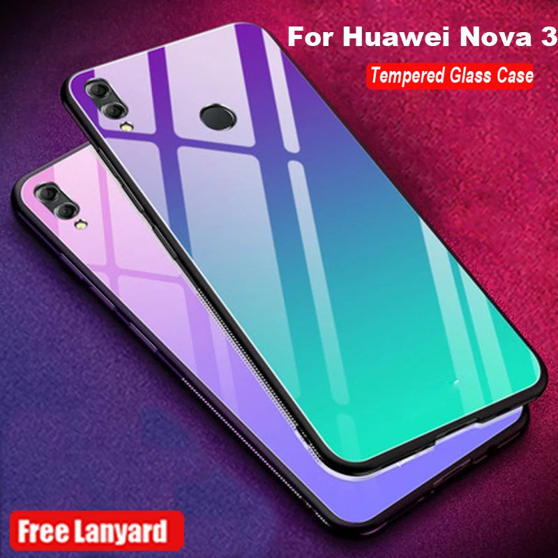 

Чехол из закаленного стекла для Huawei Nova 3, градиентный цвет, задняя крышка для Huawei Nova 3, мягкие силиконовые чехлы для телефонов, чехол для Huawei ...