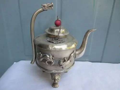 Изысканный старинный китайский античный белый медный дракон|teapot| |