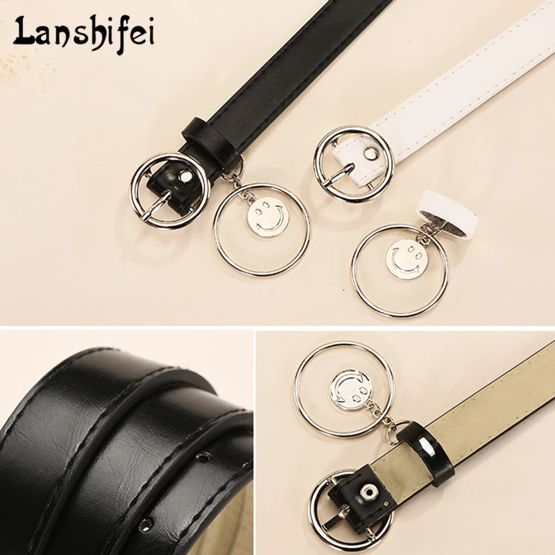 Fashion PU Leather Belt Newest Design Women Ring Round Buckle Lovely Smile Pearl Triangle Pin Black White Strap | Аксессуары для