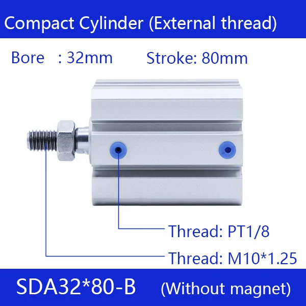 

SDA32*80-B 32mm Bore 80mm Stroke External thread Compact Air Cylinders Dual Action Air Pneumatic Cylinder