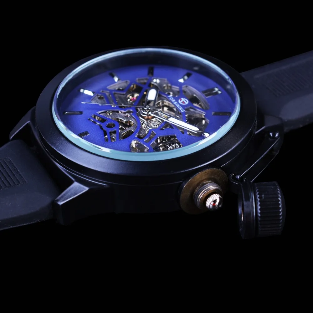 Мужские спортивные часы Forsining с синим скелетонным циферблатом и резиновой лентой