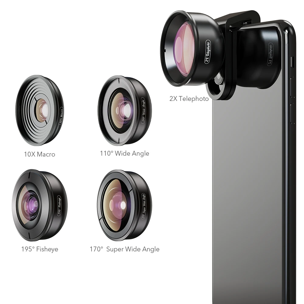 APEXEL 5 в 1 телефон Камера объектив 4K 0.6X Широкий формат телескоп Fisheye) с углом обзора 10X макро-объектив для iPhone X 8 7 Xiaomi samsung s9 s10