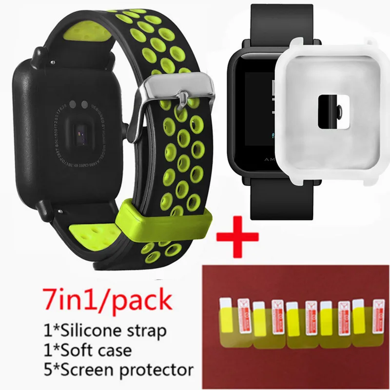 green 3 Для Xiaomi Huami Amazfit Bip Lightwei ремешок rhythm Lite young умные часы my braceket fit+ силиконовые полосы+ мягкий чехол+ 5 экранная пленка - Цвет: green 3