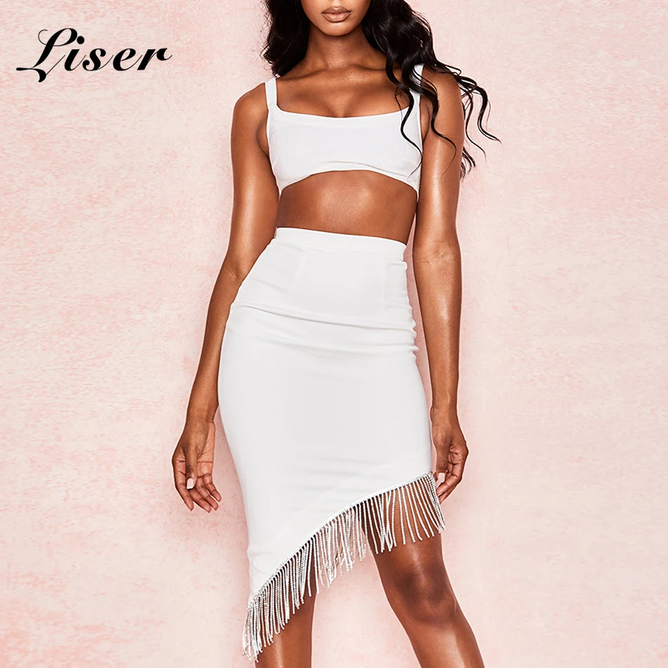 Женское Бандажное платье Liser Белое Облегающее без бретелек с бисером лето