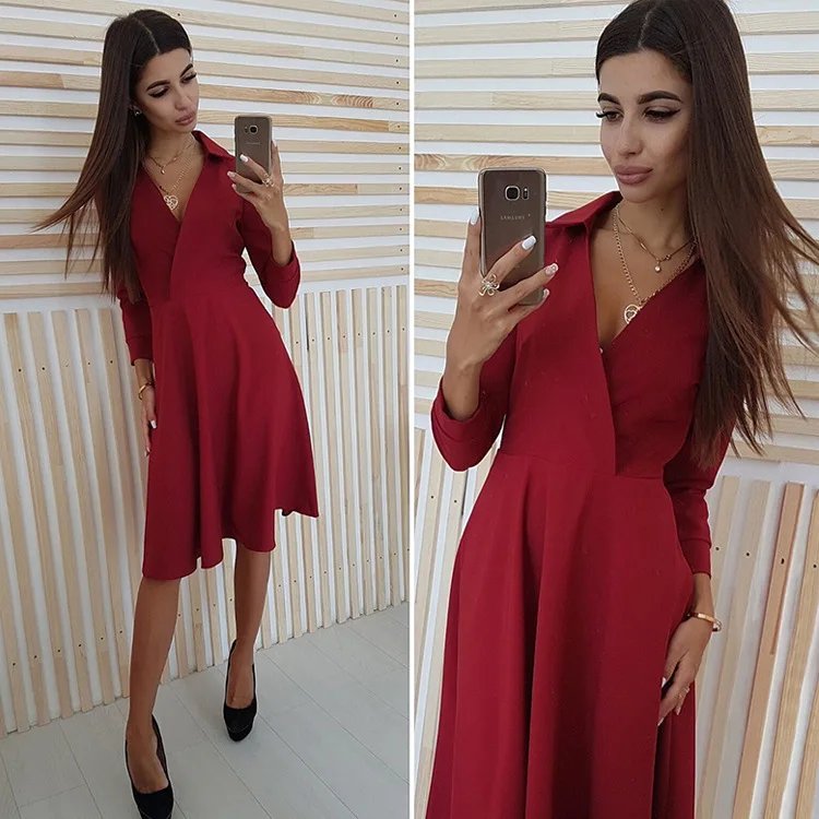 

2021 streetwear new arrival v-neck solid three color woman dress A-line knee-length comfortable empire fashion female dress