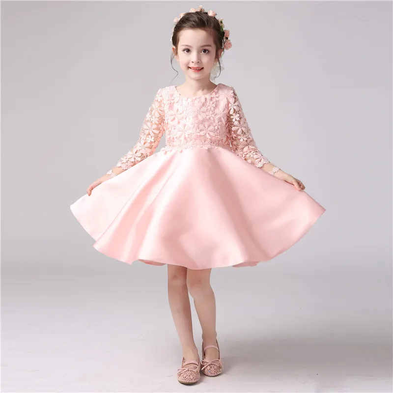 Girls Elegant Wedding Pink Dress Lace Trimmed Embroidered Western Children Holiday Party Princess Clothes Wholesale | Детская одежда и