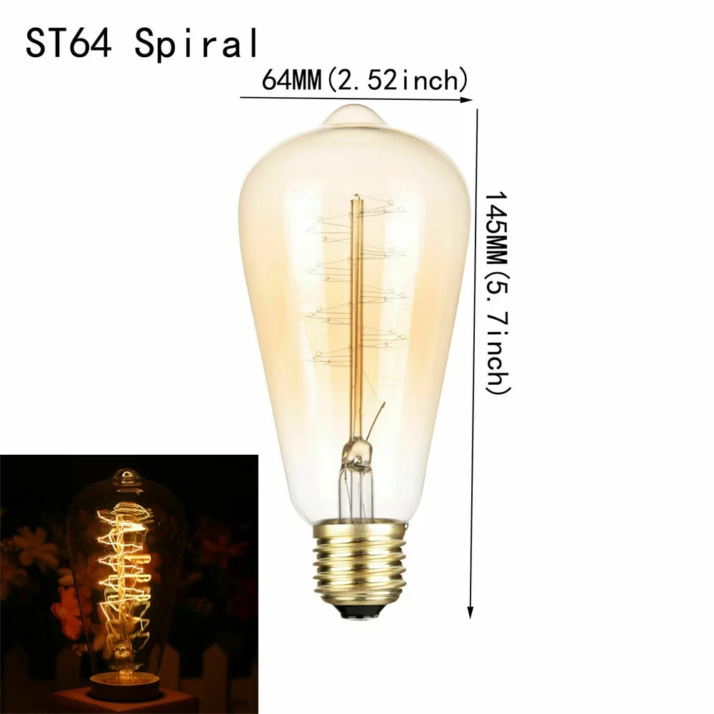 ST64 Spiral Винтаж Эдисон лампы E27 220V подвесной светильник в стиле ретро 40 Вт ST64 A19 A60 T45 T185 G80 G95 ампулы свет лампа накаливания огни - Испускаемый цвет: ST64 Spiral