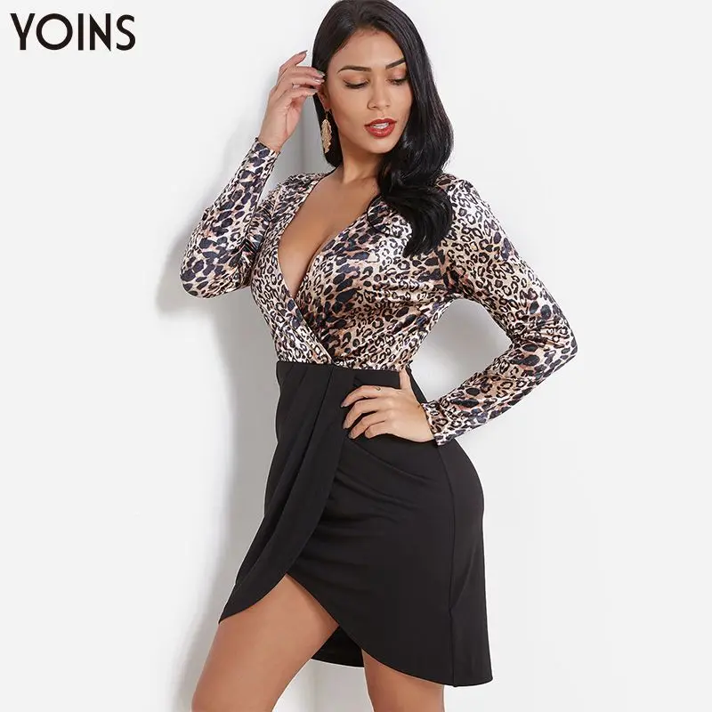 YOINS 2019 осень-зима Для женщин обаятельные леопардовые вечерние плиссированное