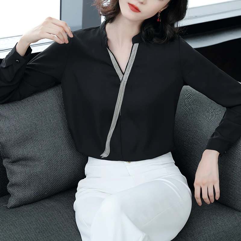 

2019 spring long sleeve womens tops and blouses female new office lady chiffon blouse tassel women shirts black blusas 2242 50