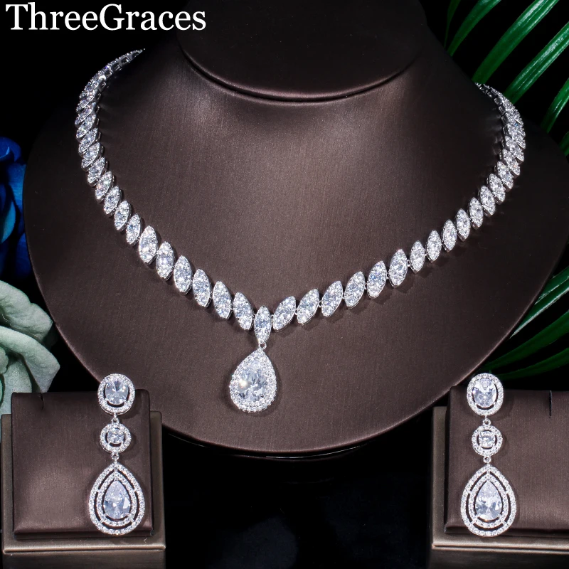 

ThreeGraces European Bridal Jewelry Cubic Zirconia Big Waterdrop Long Dangle Earrings And Necklace Sets For Wedding Women JS032