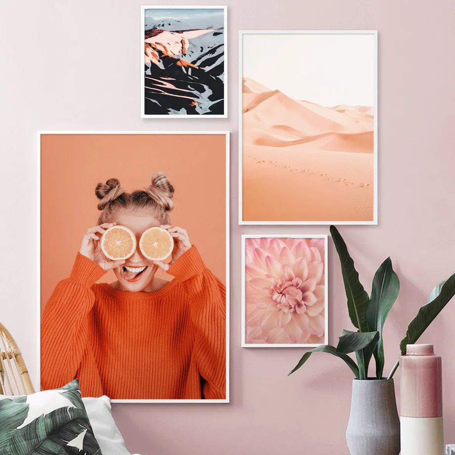 

Girl Pink Flower Desert Mountain Wall Art Canvas Painting Nordic Posters And Prints Wall Pictures For Living Room Home Decor