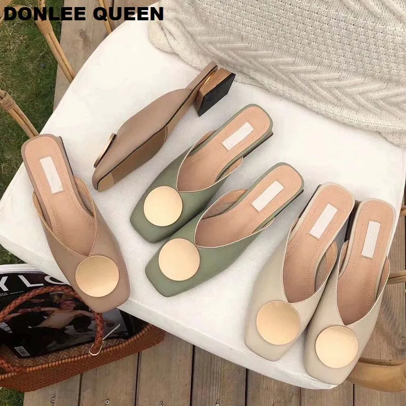 Zapatillas de diseñador de marca para mujer, zapatos informales de tacón plano sin cordones con hebilla británica, calzado de verano de bloque de madera, 2021