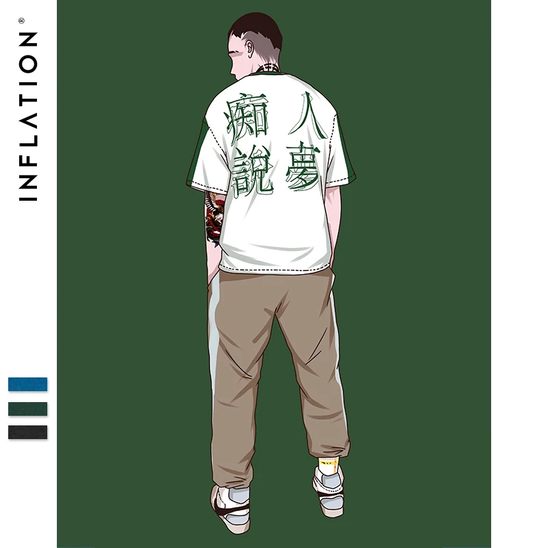 INFLATION Chinese Large Font Print Funny Casual Loose T-shirt For Men 2018 New Arrival Hip Hop White Short Sleeve Top Tee 8229S | Мужская
