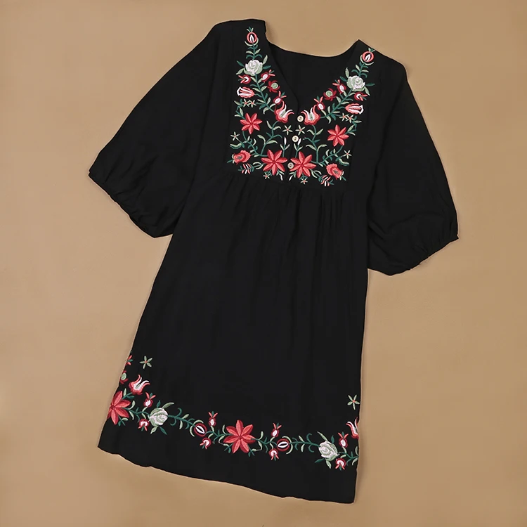 ZIPIPIYF Floral Embroidery Dress Newest 2017 Fashion Brand V neck Half Sleeve Plus Size Women Vintage Black White Summer | Женская