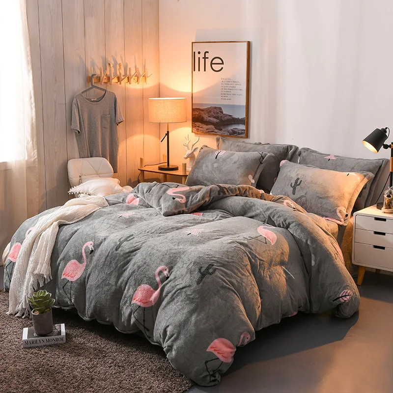 Bedding thickening plus velvet printing warm flannel four-piece three-piece | Дом и сад