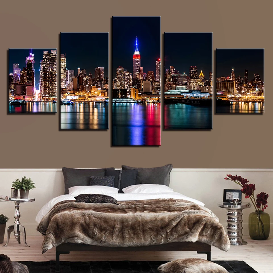 Холст HD принты Плакаты Гостиная Wall Art 5 шт. New York City Ночная Картины здание