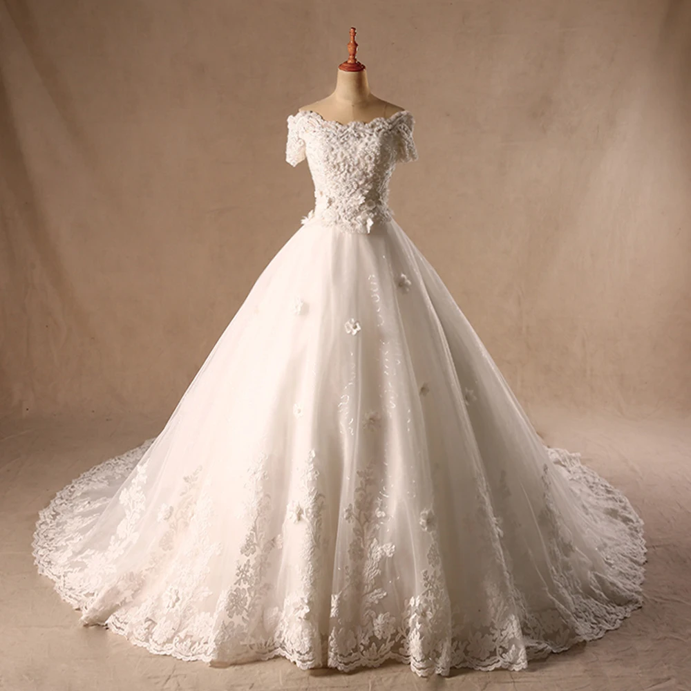 Vestido De Noiva Princesa с коротким рукавом расшитое бисером блестками аппликациями