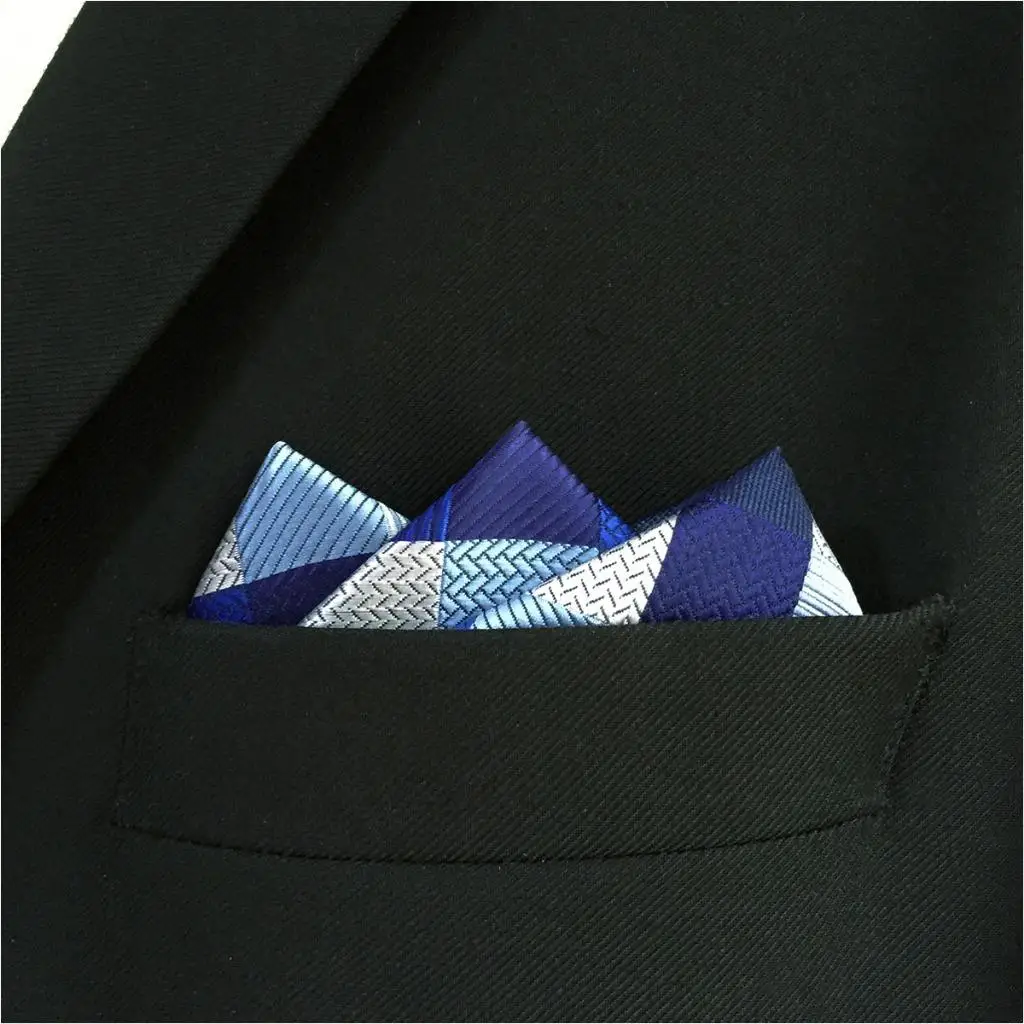 KH02 Checked Blue Mens Pocket Square Fashion Hanky Silk Jacquard Woven Dress | Аксессуары для одежды