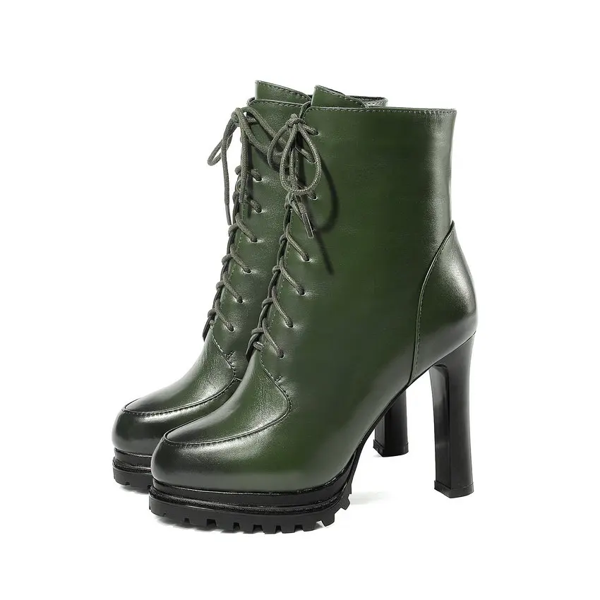Зеленый QUTAA Square Heel Warm Fur Autumn Winter Women Shoes Genuine Leather Lace Up Zipper Fashion Platform Ankle Boots Size 34-39 - Цвет: Зеленый
