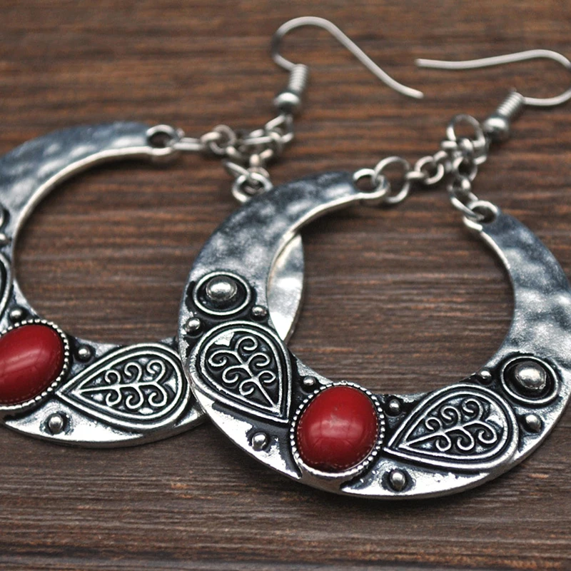 2 Pcs/Set Bohemian Retro Fashion Carved Opal Round Moon Gem Silver Color Pendant Earrings Personality Party Gift | Украшения и