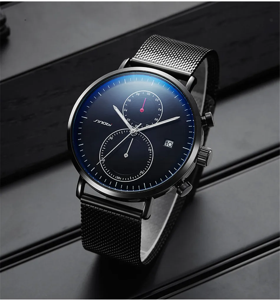 SINOBI Chronograph Quartz Men Watch Luxury Brand Stainless Steel Business Wrist Watches Men Clock Hour Time Relogio Masculino