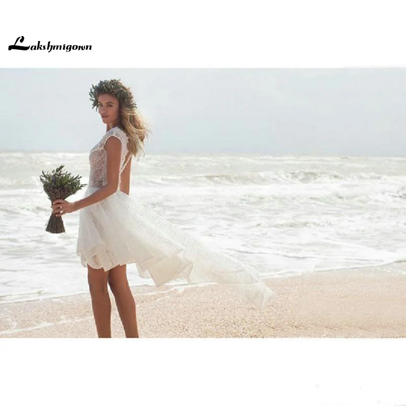 

High Low Beach Wedding Dresses Cheap Boat Neck Cap Sleeve Short Boho Custom Made Wedding Dress Vestido De Noiva