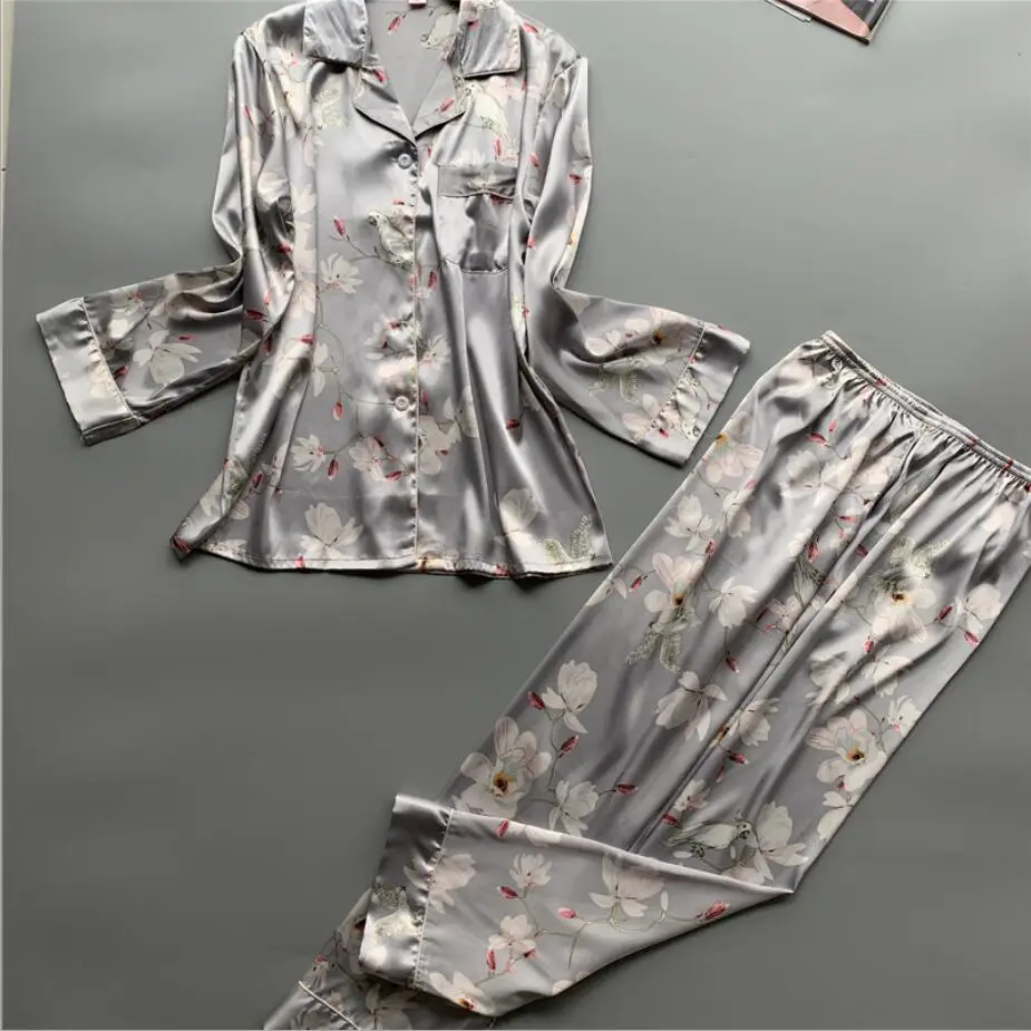 Gray Magnolia Пижамный комплект с принтом пингвина и сердечками для сна, Сексуальная атласная одежда для сна, женские летние пижамы, женские пижамы с цветами для женщин 968 - Цвет: Gray Magnolia