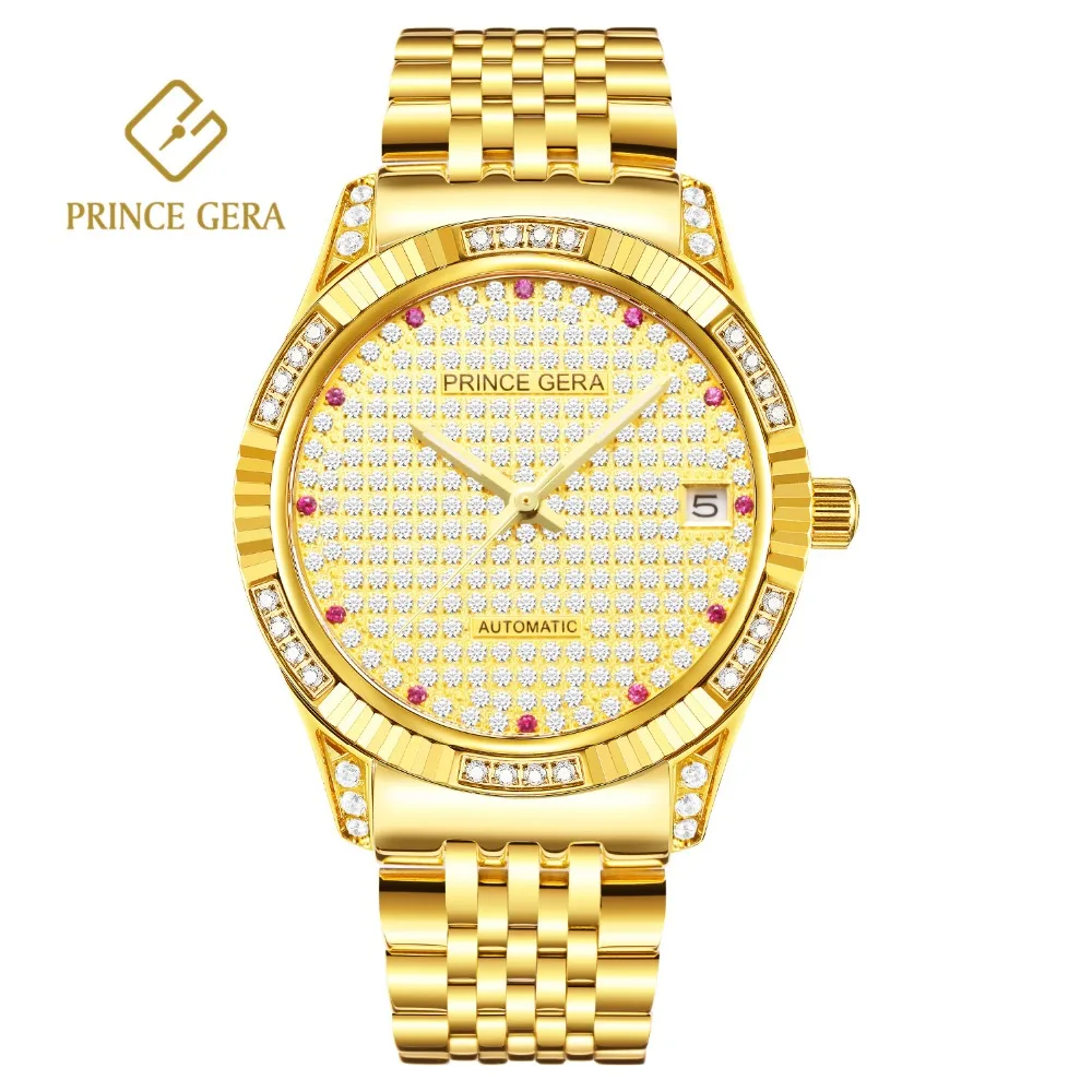 PRINCE GERA Роскошные блестящие бриллианты автоматические часы для мужчин 18K Золото
