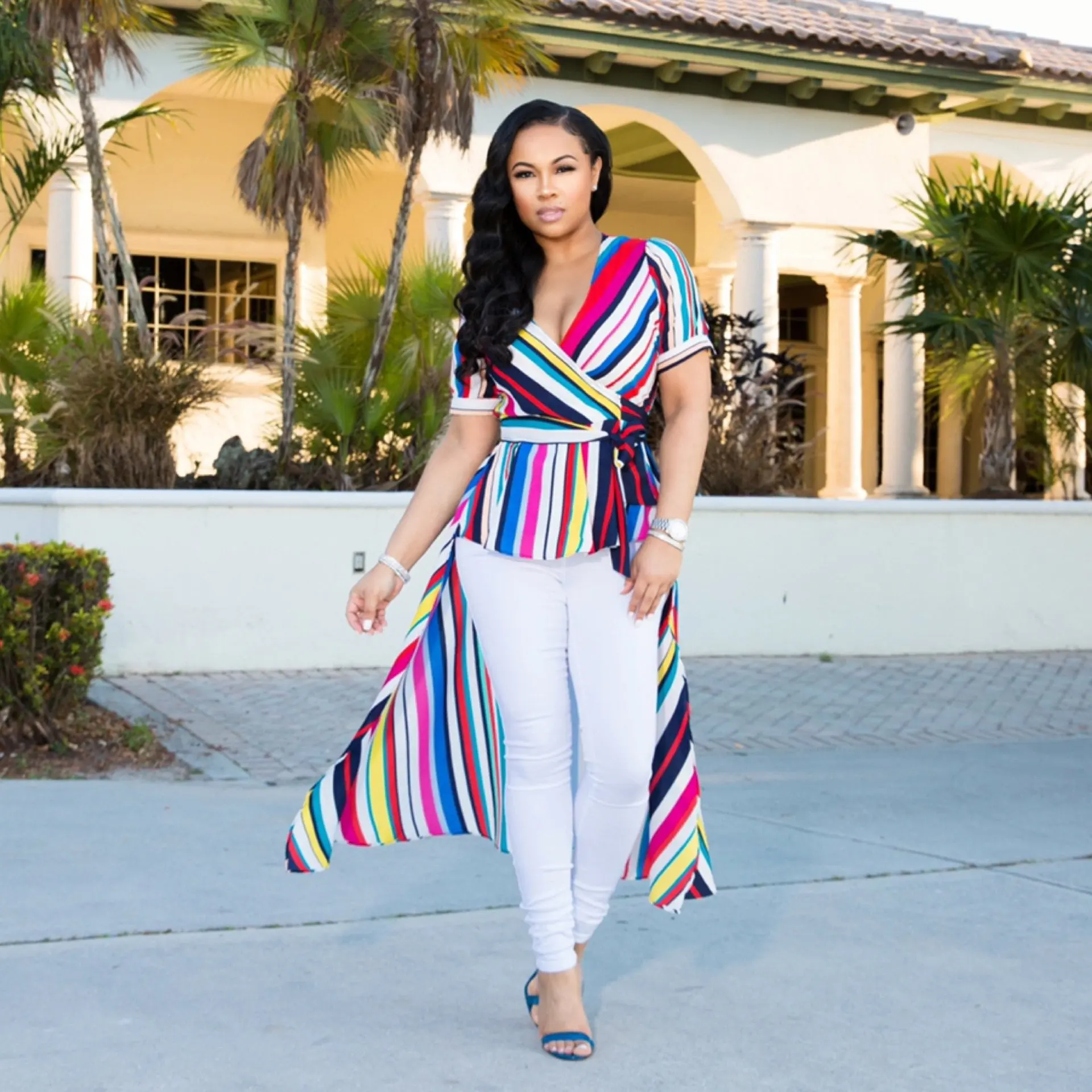 2019 новые женские летние с треугольным вырезом коротким рукавом в полоску ремнями