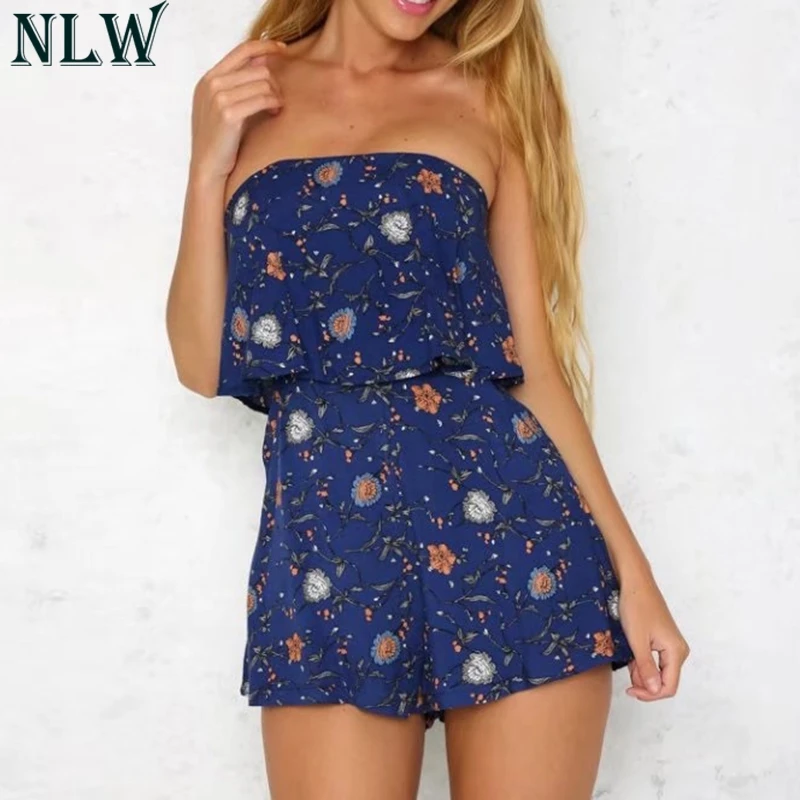 NLW без бретелек Boho печати сексуальный комбинезон с открытой спиной цветок синий