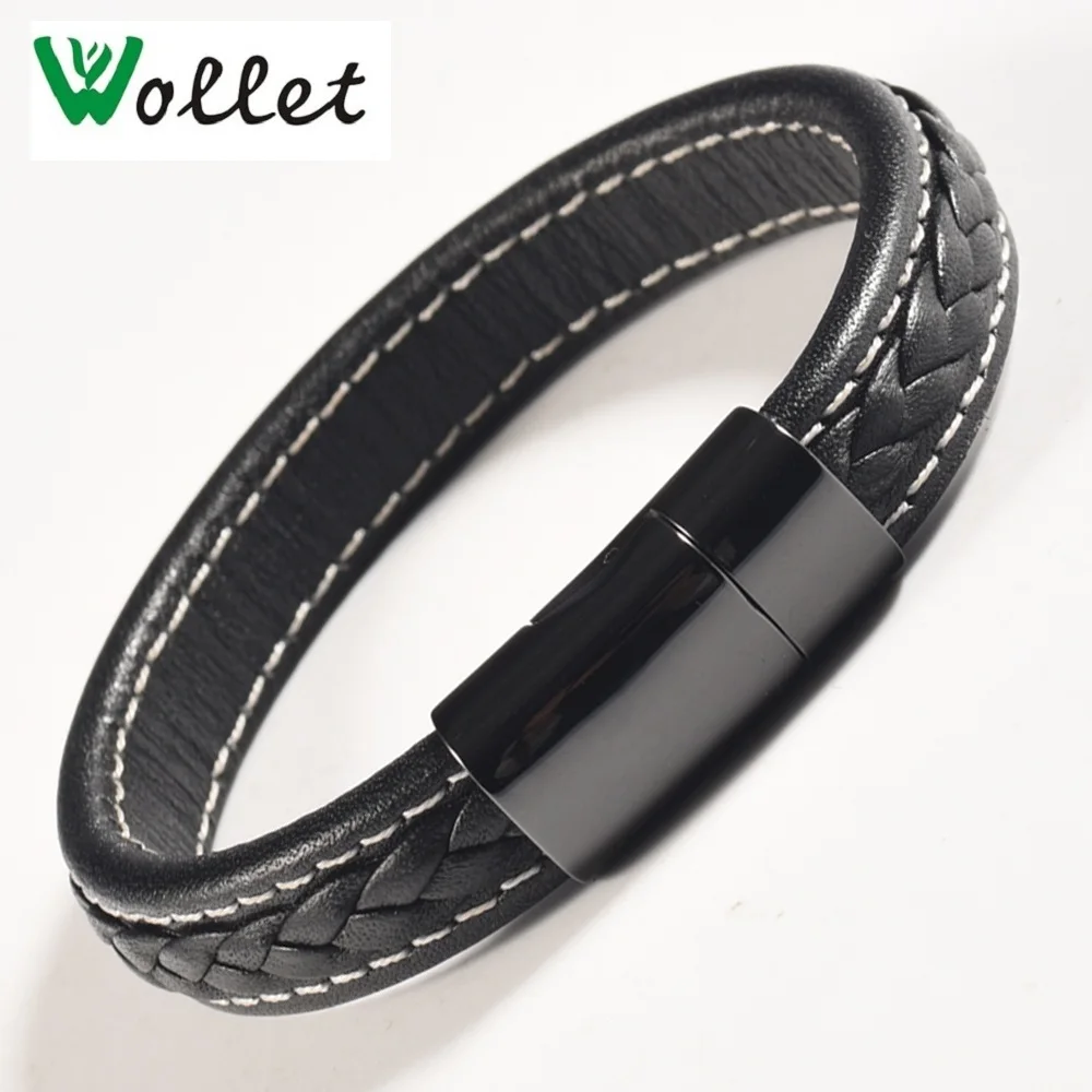 

Wollet Jewelry Black Leather Magnetic Bracelet for Men Women Stainless Steel Magnet and Germanium Health Care Healing Energy