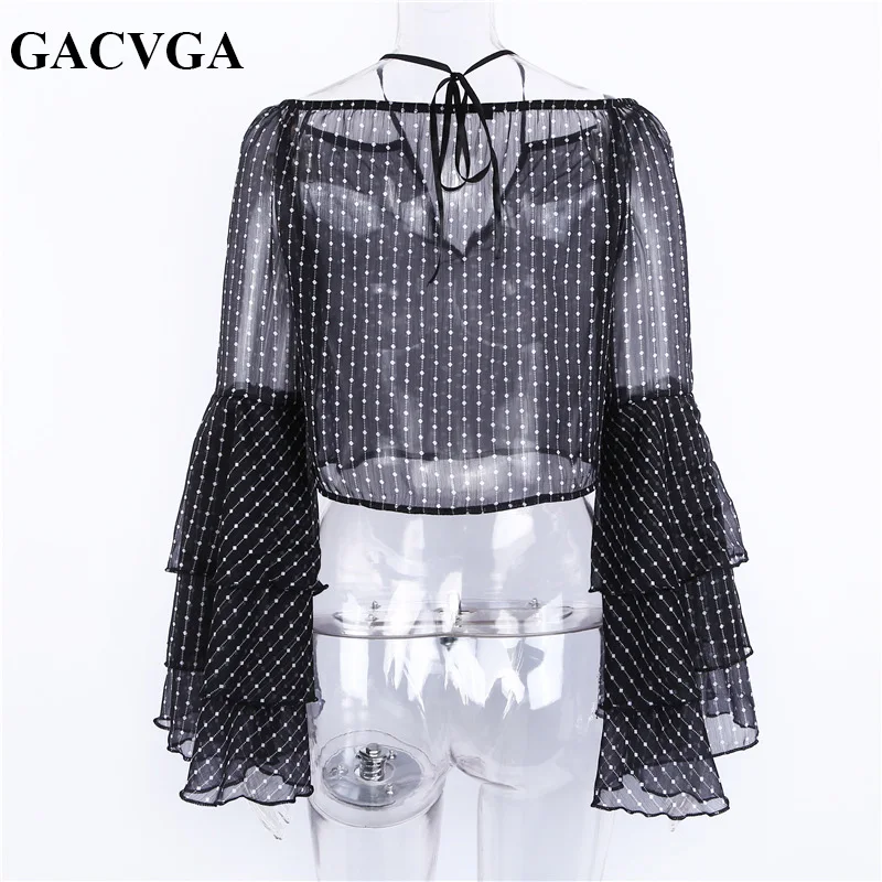 

GACVGA 2019 Summer Flare Sleeve Black Blouse Women Sexy V Neck Shirt Elegant Striped Streetwear Crop Tops Chiffon Blusas