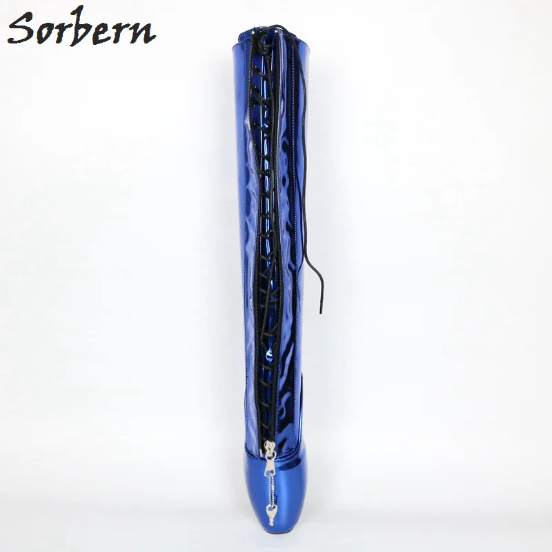 Женские сапоги до колена Sorbern синие металлические на шнуровке балетные шпильке 18