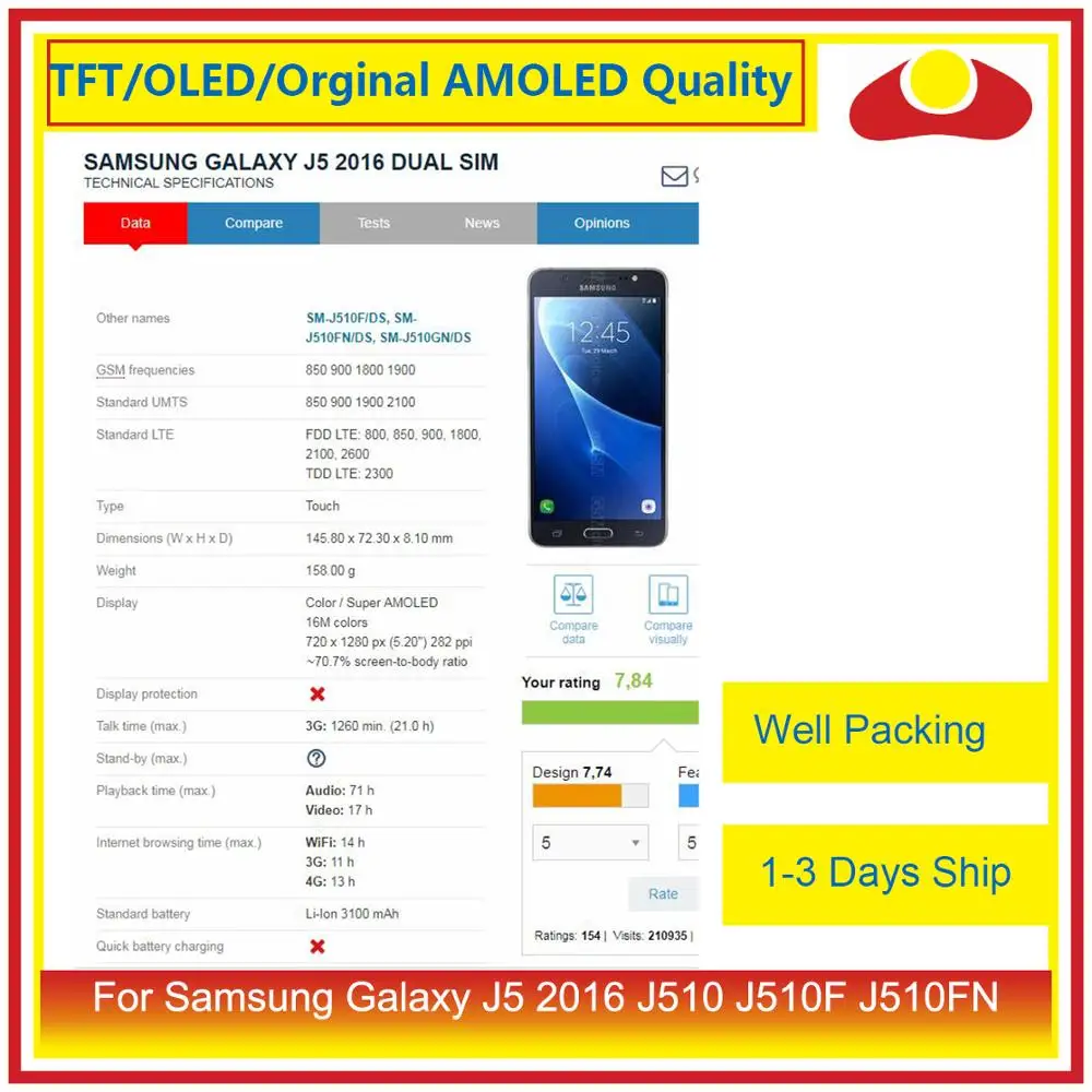 

10Pcs/lot For Samsung Galaxy J5 2016 J510FN J510F J510G J510Y LCD Display With Touch Screen Digitizer Panel Pantalla Complete