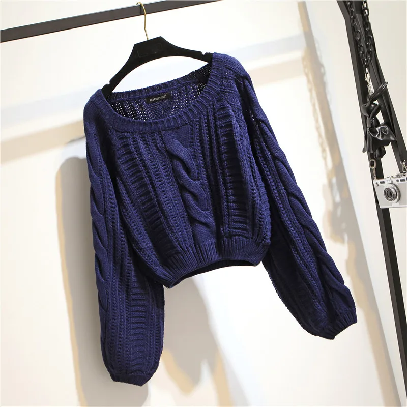 Candy colors Twisted lines Solid Sweater Autumn Winter New O-neck Long Sleeve Lantern Short Pullovers Jumper | Женская одежда