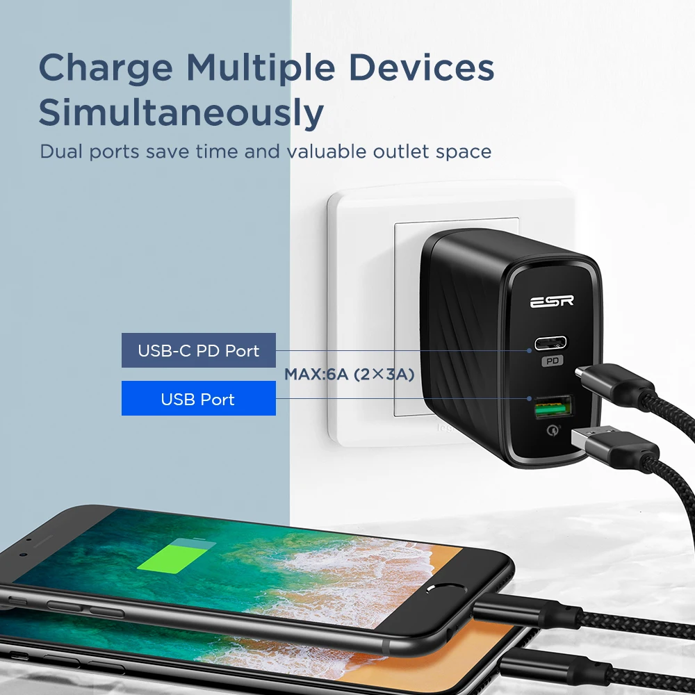 ESR USB C PD зарядное устройство 36 Вт двухпортовый Портативный Компактный настенный быстрое зарядное устройство для iPhone X XS XR XS Max iPad Pro EU US
