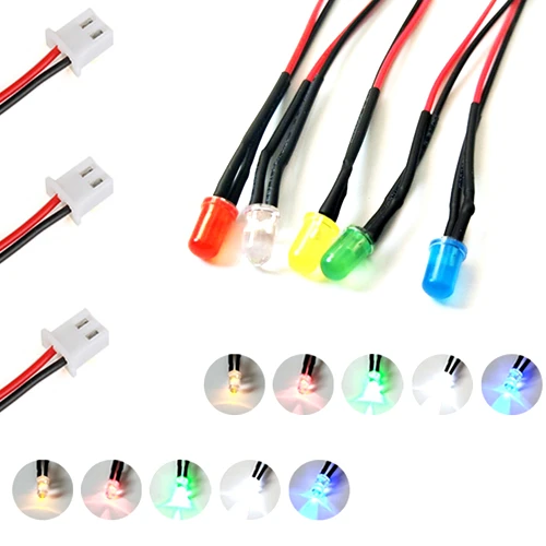 

100Pcs 3V 5V 6V 9V 12V 24V 36V 48V 110V 220V Diffused 5mm LED With 20cm Wire And XH2.54 Plug, Light=White Red Blue Green Yellow