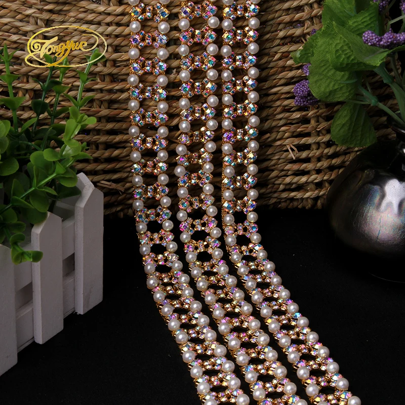 

1YD Color High Quality RC Crystal Pearl Four Corner Inlay Dccessories Wedding Banquet Decoration DIY Sewing Applique Adornment