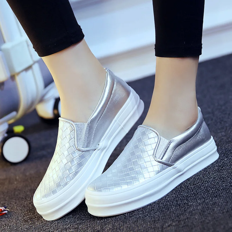 HEE GRAND Platform Loafers Silver Shoes Woman Weave Creepers Slip On Flats Casual Round Toe Women Autumn 3 Colors XWC566 | Обувь