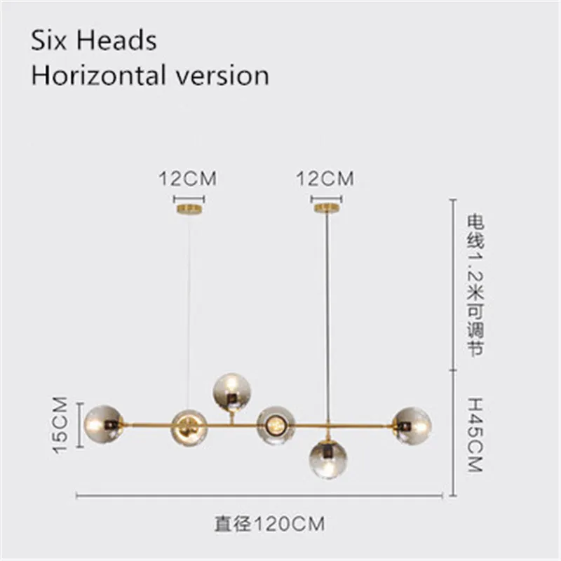 Six heads Скандинавский чердак 4/6 сечение Вертикальная секция длинная люстра ресторан гостиная люстра стеклянная лампа металлический стержень люстра - Цвет корпуса: Six heads