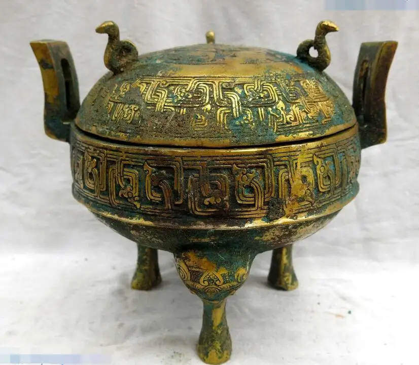 Китайский Старый бронзовый позолоченный горшок скульптура тонкая птичка три