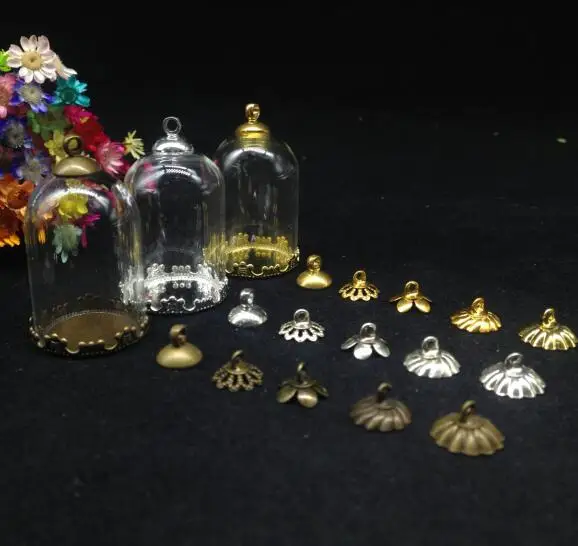 

5pcs 30*20mm transparent bell tube glass globe with flower tray 8mm cap glass vial pendant fashion necklace glass bottle jars